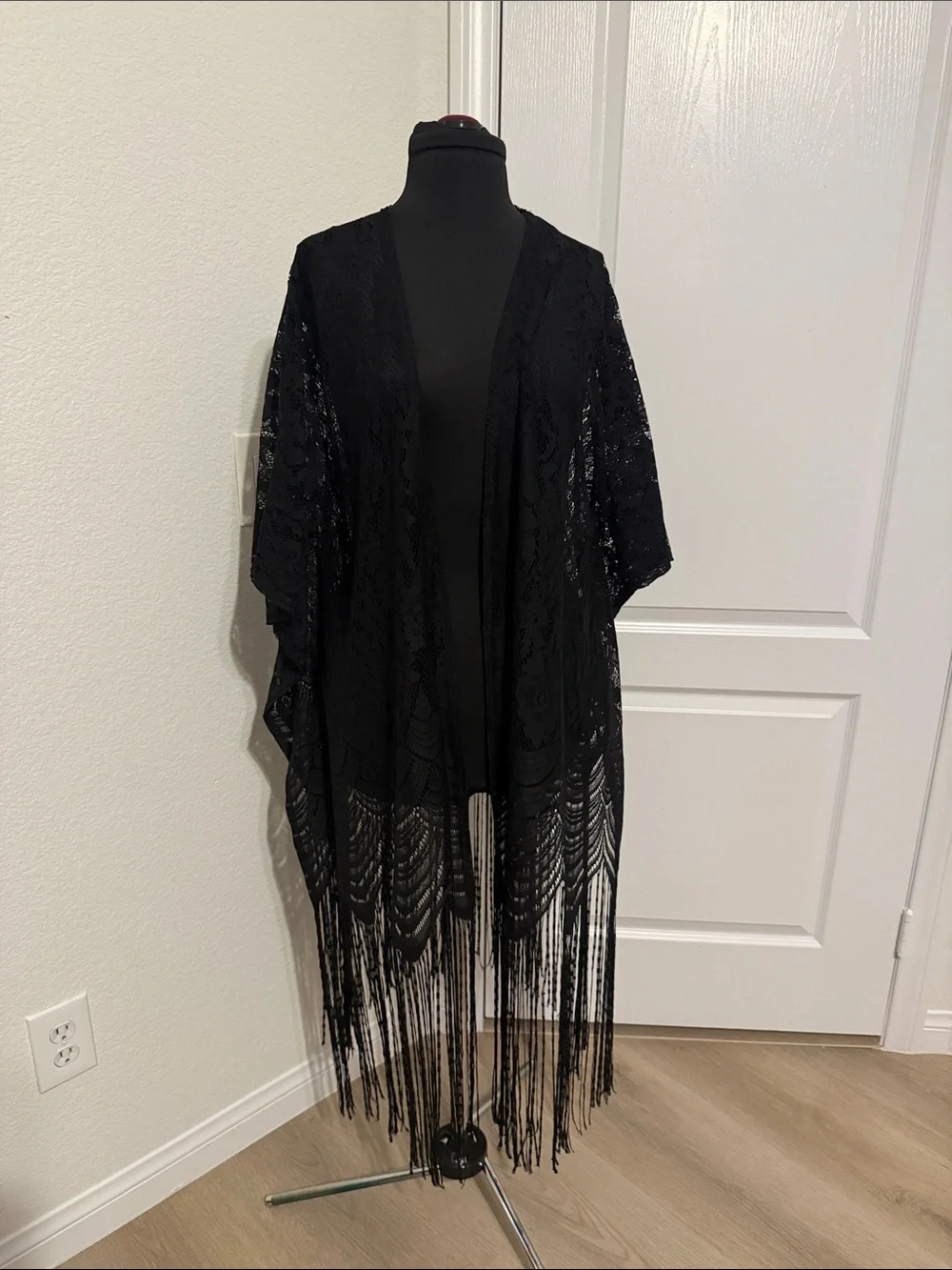 Black Lace Fringe Kimono Cover-Up